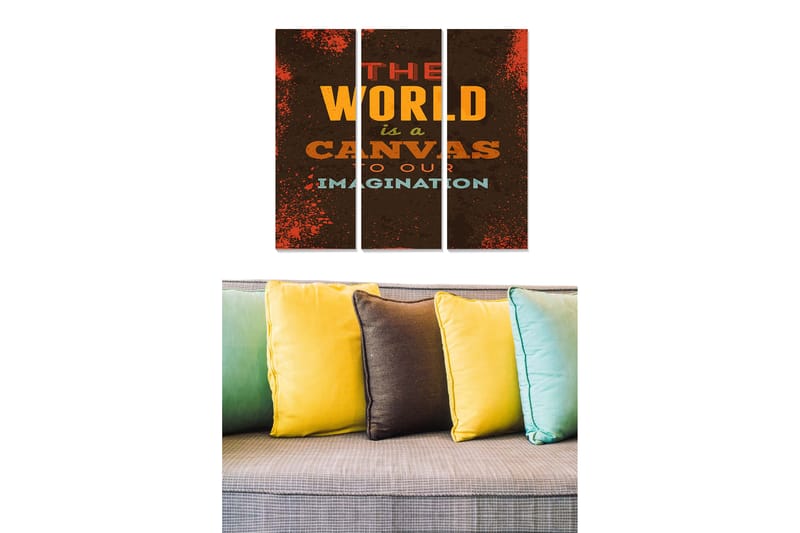 Trelerretsbilde i tre, 3-delt, 50x70 cm - Inspirerende typografi med budskap om kreativitet og fantasi, Mørk brun / Oransje / Lys blå