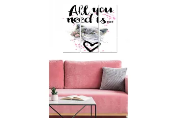 Trelerretsbilde i tre, 3-delt, 50x70 cm - Katteportrett med kjærlig tekst og hjerte - Grå / Rosa / Svart - Interiør - Maleri & posters - Lerretsbilder