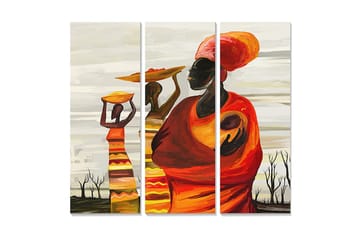 Trelerretsbilde i tre, 3-delt, 50x70 cm - Kvinner som bærer frukt på hodet i en fargerik og kulturell komposisjon - Oransje / Gul / Rød - Interiør - Maleri & posters - Lerretsbilder