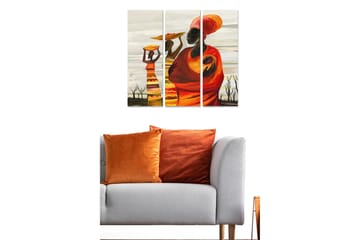 Trelerretsbilde i tre, 3-delt, 50x70 cm - Kvinner som bærer frukt på hodet i en fargerik og kulturell komposisjon - Oransje / Gul / Rød - Interiør - Maleri & posters - Lerretsbilder