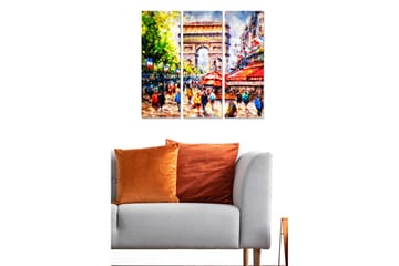 Trelerretsbilde i tre, 3-delt, 50x70 cm - Livlig bybilde med mennesker og kafeer ved et berømt monument - Grønn / Rød / Blå - Interiør - Maleri & posters - Lerretsbilder