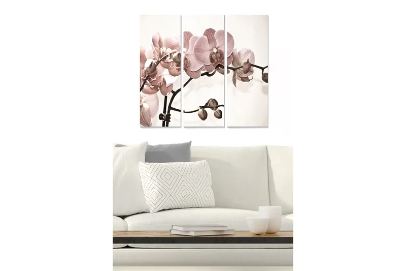 Trelerretsbilde i tre, 3-delt, 50x70 cm - Lyserosa orkideer på en stilig bakgrunn, Lys rosa / Beige / Brun