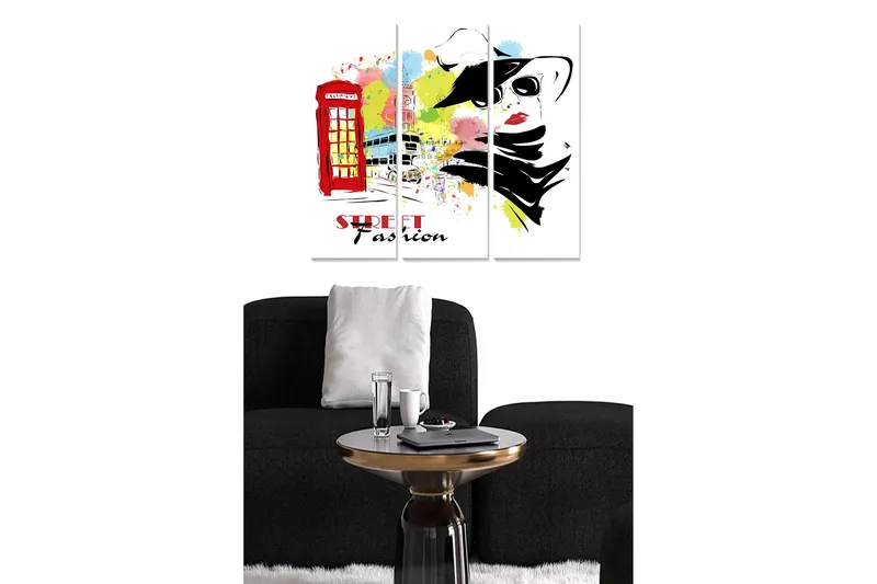 Trelerretsbilde i tre, 3-delt, 50x70 cm - Moteinspirert illustrasjon med en kvinne i hatt og en rød telefonkiosk, Rød / Svart / Gul