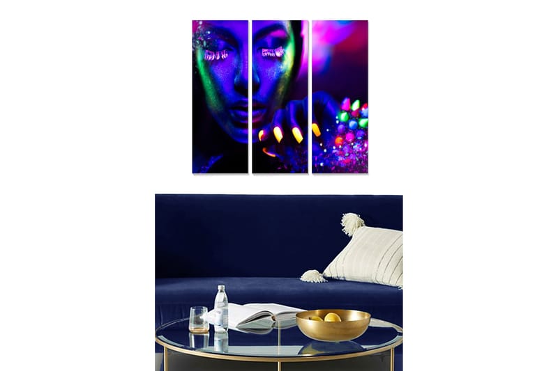 Trelerretsbilde i tre, 3-delt, 50x70 cm - Neonfarget portrett av en kvinne med fargerike negler og glitrende detaljer, Lilla / Grønn / Gul