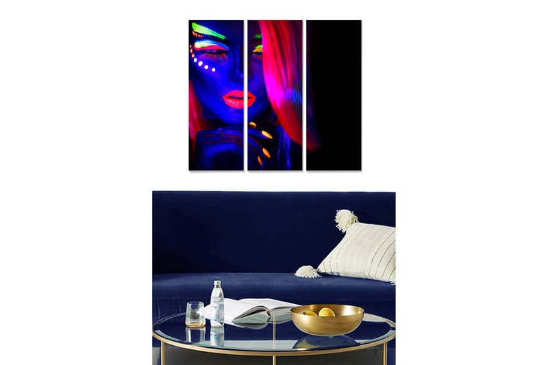 Trelerretsbilde i tre, 3-delt, 50x70 cm - Neonfarget portrett av en kvinne med dramatisk sminke, Blå / Rosa / Grønn