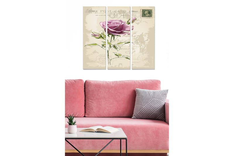 Trelerretsbilde i tre, 3-delt, 50x70 cm - Nydelig rose med vintage postkort-tema, Lilla / Grønn / Beige