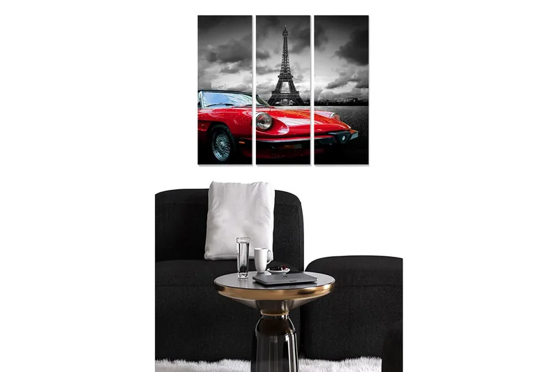 Trelerretsbilde i tre, 3-delt, 50x70 cm - Rød sportsbil foran Eiffeltårnet i et dramatisk svart-hvitt miljø, Rød / Svart / Grå