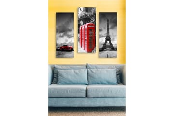 Trelerretsbilde i tre, 3-delt, 50x70 cm - Rød telefonkiosk med ikoniske landemerker i bakgrunnen - Rød / Svart / Grå - Interiør - Maleri & posters - Lerretsbilder