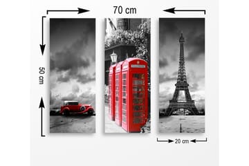 Trelerretsbilde i tre, 3-delt, 50x70 cm - Rød telefonkiosk med ikoniske landemerker i bakgrunnen - Rød / Svart / Grå - Interiør - Maleri & posters - Lerretsbilder