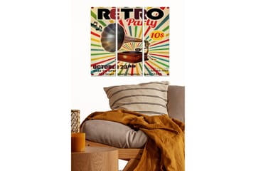 Trelerretsbilde i tre, 3-delt, 50x70 cm - Retroplakat med grammofon og fargerike stråler - Gul / Rød / Grønn - Interiør - Maleri & posters - Lerretsbilder