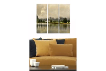 Trelerretsbilde i tre, 3-delt, 50x70 cm - Ro ved innsjøen med reflekterende vannflater og trær rundt - Grønn / Beige / Grå - Interiør - Maleri & posters - Lerretsbilder