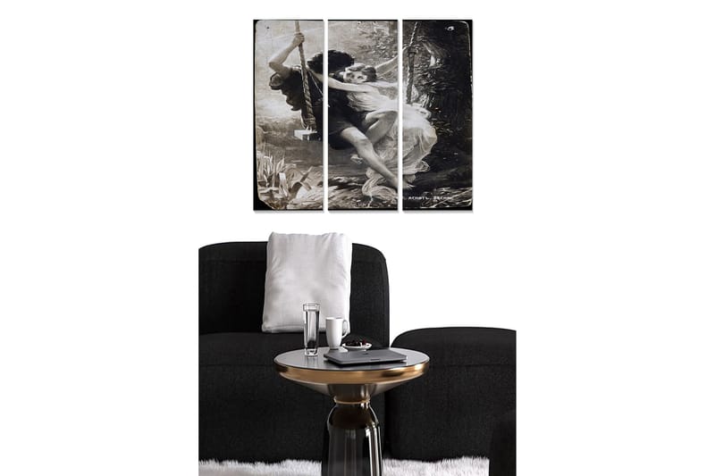 Trelerretsbilde i tre, 3-delt, 50x70 cm - Romantisk scene med to personer som svinger sammen i frodige omgivelser, Svart / Hvit / Grå