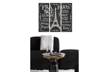 Trelerretsbilde i tre, 3-delt, 50x70 cm - Silhuett av Eiffeltårnet med tekst som hyller Frankrike og reiser - Svart / Hvit - Interiør - Maleri & posters - Lerretsbilder