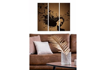 Trelerretsbilde i tre, 3-delt, 50x70 cm - Silhuett av en kvinne med fugler som svever rundt i håret - Svart / Brun - Interiør - Maleri & posters - Lerretsbilder