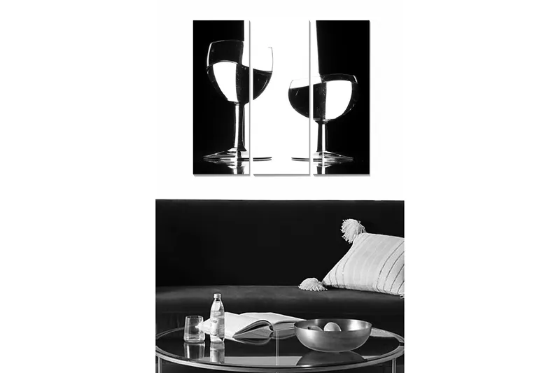 Trelerretsbilde i tre, 3-delt, 50x70 cm - Silhuetter av to vinglass i kontrasterende svart og hvitt, Svart / Hvit