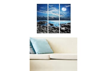 Trelerretsbilde i tre, 3-delt, 50x70 cm - Stemningsfull havutsikt med måne og steiner - Blå / Grå / Hvit - Interiør - Maleri & posters - Lerretsbilder