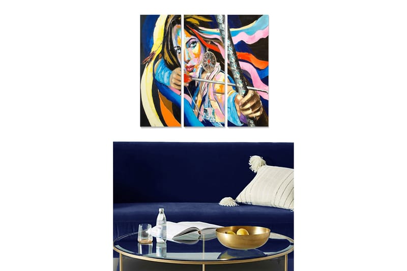 Trelerretsbilde i tre, 3-delt, 50x70 cm - Sterkt portrett av en kvinne med sverd og fargerike linjer, Blå / Oransje / Rosa