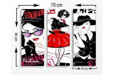 Trelerretsbilde i tre, 3-delt, 50x70 cm - Stilige kvinner i mote med fargerike detaljer - Rød / Svart / Hvit - Interiør - Maleri & posters - Lerretsbilder