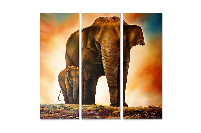 Trelerretsbilde i tre, 3-delt, 50x70 cm - Storslått elefant med kalv i et varmt og dramatisk miljø, Brun / Oransje / Beige