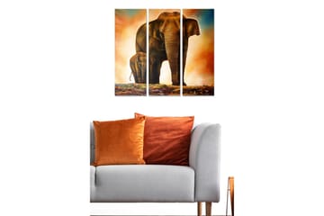 Trelerretsbilde i tre, 3-delt, 50x70 cm - Storslått elefant med kalv i et varmt og dramatisk miljø - Brun / Oransje / Beige - Interiør - Maleri & posters - Lerretsbilder