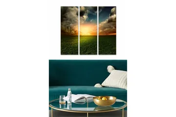Trelerretsbilde i tre, 3-delt, 50x70 cm - Storslått solnedgang over et åpent landskap - Grønn / Oransje / Blå - Interiør - Maleri & posters - Lerretsbilder