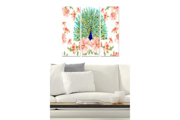 Trelerretsbilde i tre, 3-delt, 50x70 cm - Storslått påfugl omgitt av blomster - Turkis / Rosa / Grønn - Interiør - Maleri & posters - Lerretsbilder