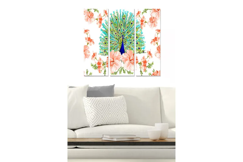 Trelerretsbilde i tre, 3-delt, 50x70 cm - Storslått påfugl omgitt av blomster, Turkis / Rosa / Grønn