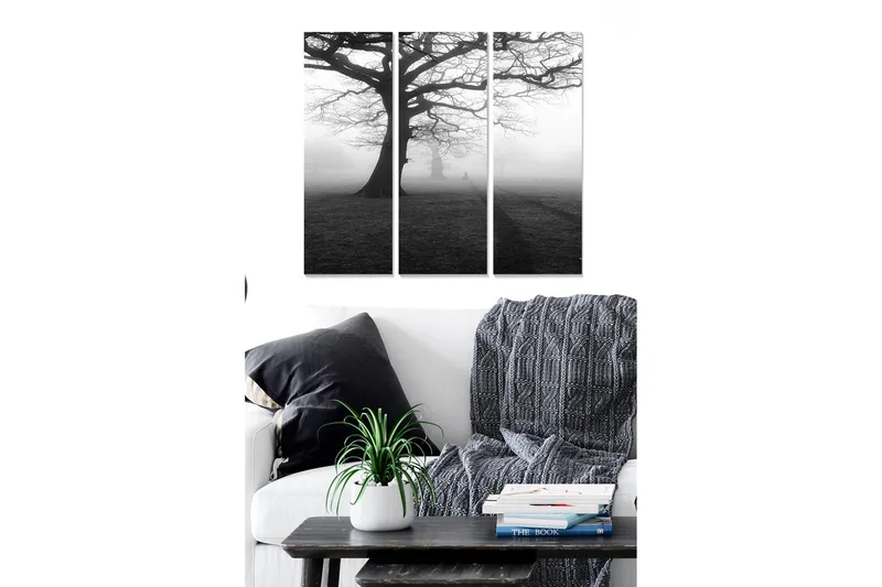Trelerretsbilde i tre, 3-delt, 50x70 cm - Stort, bart tre i tåkete landskap, Svart / Grå