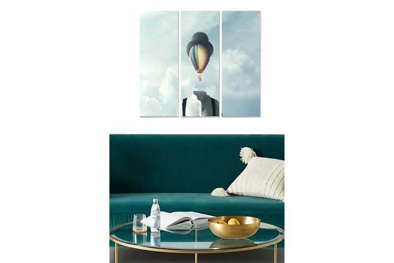 Trelerretsbilde i tre, 3-delt, 50x70 cm - Svart hatt og skjorte med en svevende varmluftsballong på himmelen, Blå / Grå / Regnbue