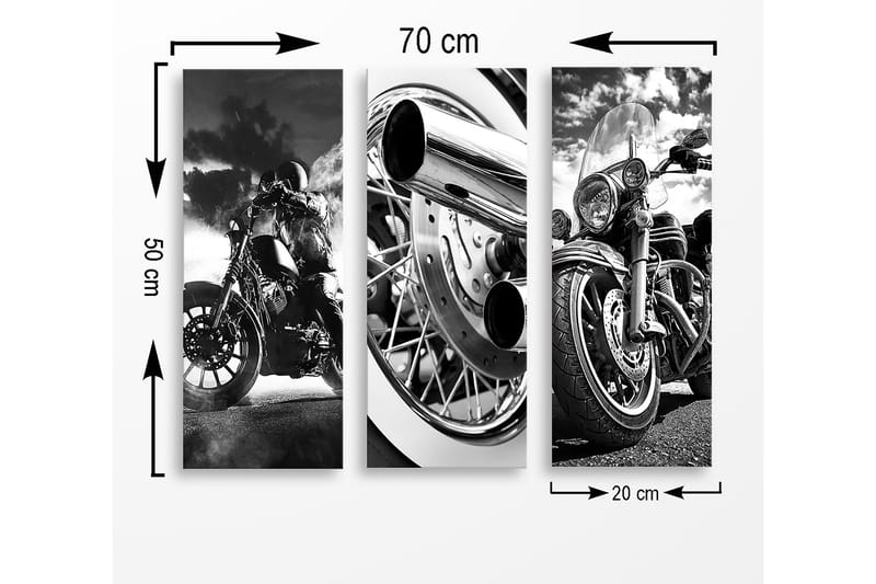 Trelerretsbilde i tre, 3-delt, 50x70 cm - Svart-hvite motorsykler i dynamisk komposisjon - Svart / Hvit / Grå - Interiør - Maleri & posters - Lerretsbilder