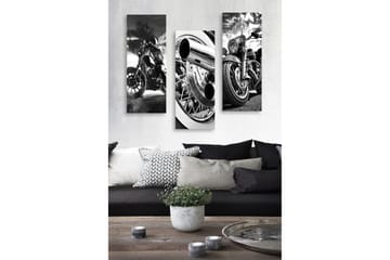 Trelerretsbilde i tre, 3-delt, 50x70 cm - Svart-hvite motorsykler i dynamisk komposisjon - Svart / Hvit / Grå - Interiør - Maleri & posters - Lerretsbilder