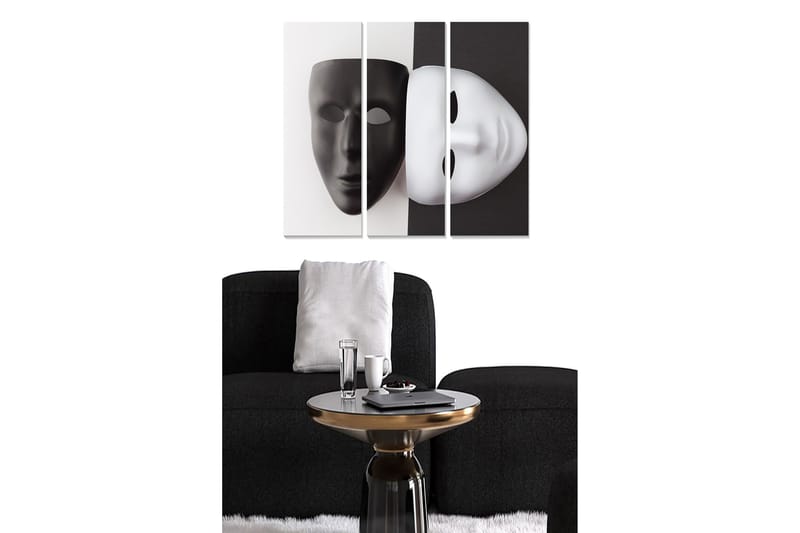 Trelerretsbilde i tre, 3-delt, 50x70 cm - Svart-hvitt maske som symboliserer dualitet og identitet, Svart / Hvit