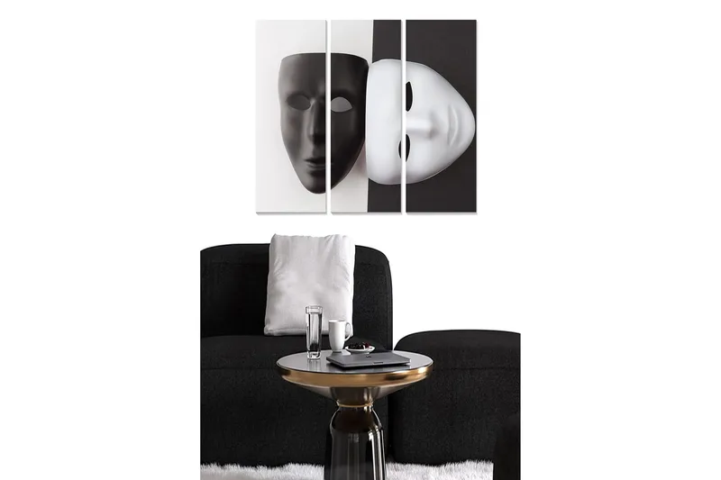 Trelerretsbilde i tre, 3-delt, 50x70 cm - Svart-hvitt maske som symboliserer dualitet og identitet, Svart / Hvit