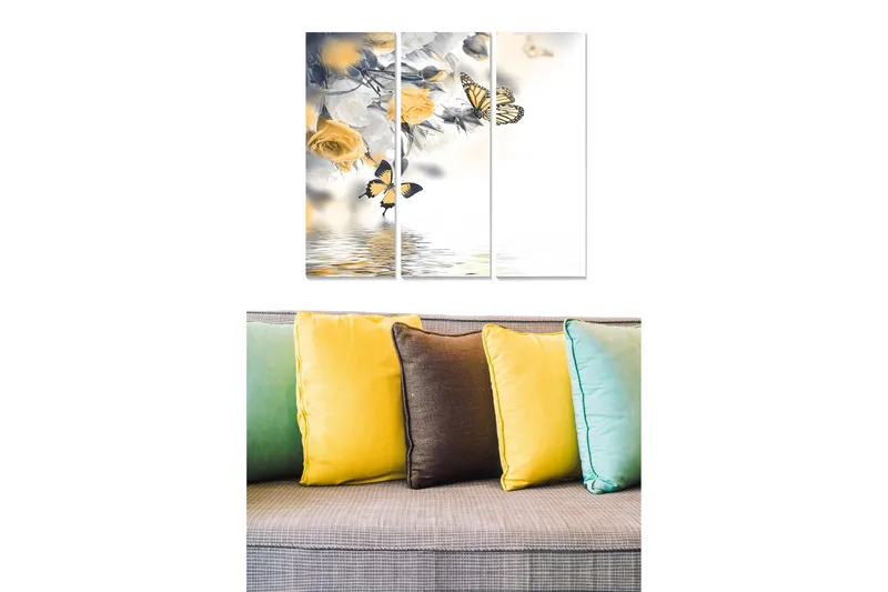 Trelerretsbilde i tre, 3-delt, 50x70 cm - Svarte og hvite sommerfugler og gule roser i en harmonisk komposisjon, Gul / Svart / Hvit
