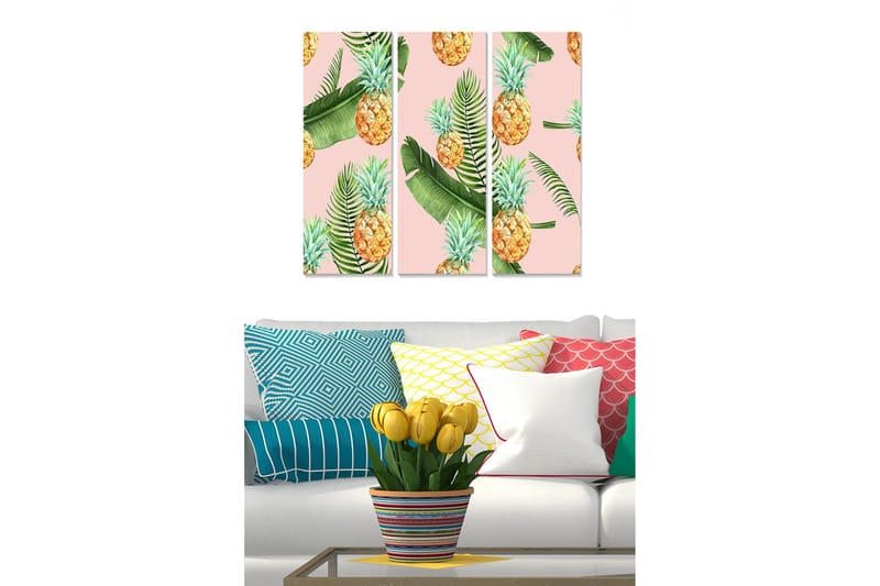 Trelerretsbilde i tre, 3-delt, 50x70 cm - Tropisk komposisjon med ananas og grønne blader, Gul / Grønn / Rosa