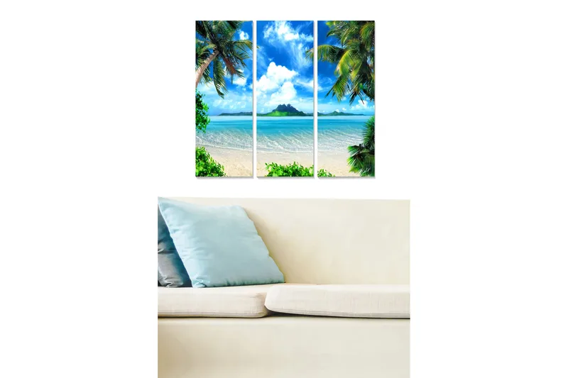 Trelerretsbilde i tre, 3-delt, 50x70 cm - Tropisk strand med palmer og klar blå himmel - Blå / Grønn / Beige - Interiør - Maleri & posters - Lerretsbilder