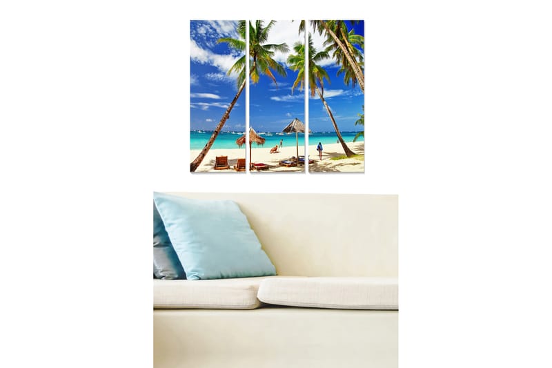 Trelerretsbilde i tre, 3-delt, 50x70 cm - Tropisk strand med palmer og klar blå himmel, Blå / Grønn / Beige