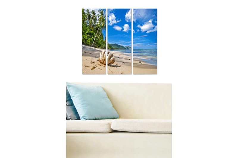 Trelerretsbilde i tre, 3-delt, 50x70 cm - Tropisk strand med palmer og klar blå himmel, Blå / Grønn / Sandbeige