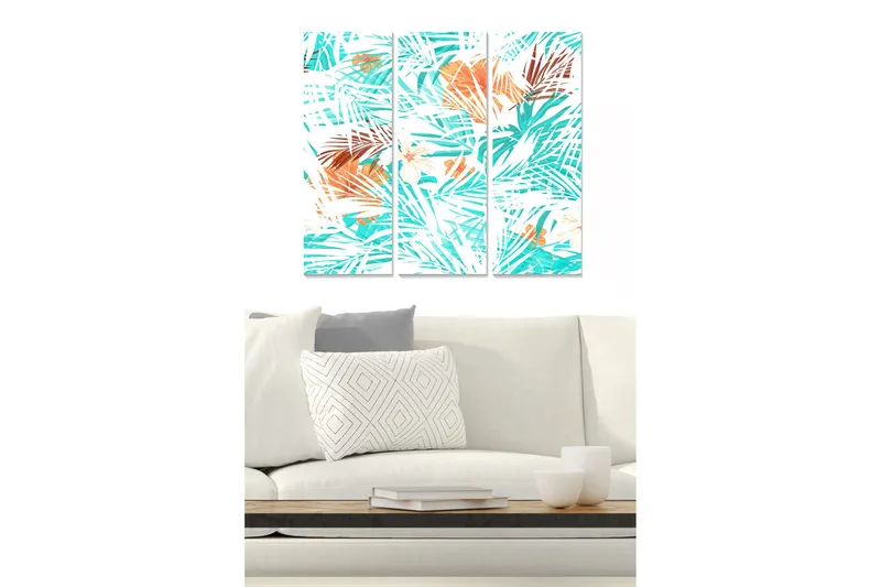 Trelerretsbilde i tre, 3-delt, 50x70 cm - Tropisk palmekomposisjon med sterke farger, Turkis / Oransje / Hvit