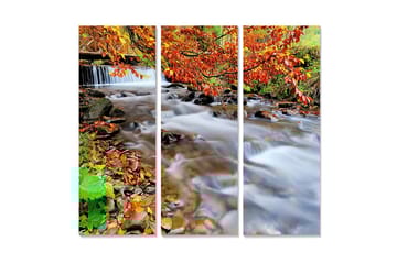 Trelerretsbilde i tre, 3-delt, 50x70 cm - Vakker bekk omgitt av høstfarger og løvverk - Oransje / Grønn / Brun - Interiør - Maleri & posters - Lerretsbilder