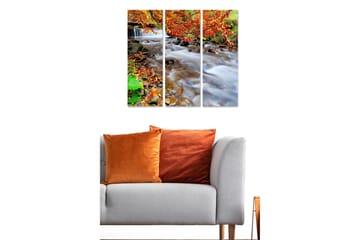 Trelerretsbilde i tre, 3-delt, 50x70 cm - Vakker bekk omgitt av høstfarger og løvverk - Oransje / Grønn / Brun - Interiør - Maleri & posters - Lerretsbilder