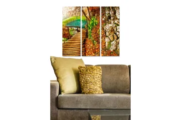 Trelerretsbilde i tre, 3-delt, 50x70 cm - Vakker bro over en stille innsjø omgitt av høstfarger og steiner - Grønn / Oransje / Brun - Interiør - Maleri & posters - Lerretsbilder