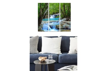 Trelerretsbilde i tre, 3-delt, 50x70 cm - Vakker foss med omkringliggende grøntområder - Grønn / Turkis / Beige - Interiør - Maleri & posters - Lerretsbilder