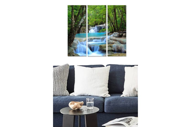 Trelerretsbilde i tre, 3-delt, 50x70 cm - Vakker foss med omkringliggende grøntområder, Grønn / Turkis / Beige