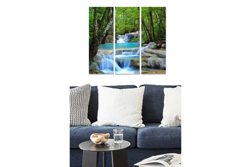 Trelerretsbilde i tre, 3-delt, 50x70 cm - Vakker foss med omkringliggende grøntområder, Grønn / Turkis / Beige