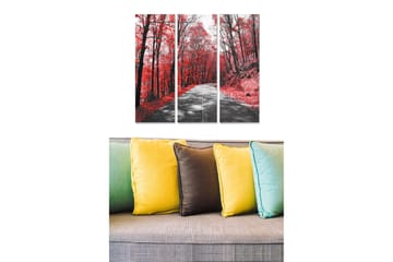 Trelerretsbilde i tre, 3-delt, 50x70 cm - Vakker høstskog med røde blader og en sti som fører gjennom trærne - Rød / Svart / Grå - Interiør - Maleri & posters - Lerretsbilder