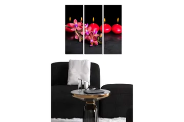Trelerretsbilde i tre, 3-delt, 50x70 cm - Vakker komposisjon av rosa orkideer og røde lys - Rosa / Rød / Svart - Interiør - Maleri & posters - Lerretsbilder