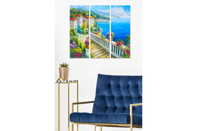 Trelerretsbilde i tre, 3-delt, 50x70 cm - Vakker kystutsikt med fargerike hus og blomsteroppsatser, Blå / Grønn / Rød