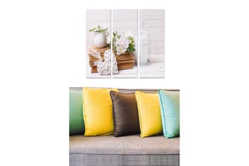 Trelerretsbilde i tre, 3-delt, 50x70 cm - Vakker stillhet med blomster i en vase og bøker i en harmonisk komposisjon - Hvit / Beige / Grønn - Interiør - Maleri & posters - Lerretsbilder
