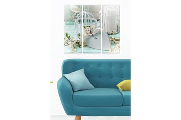 Trelerretsbilde i tre, 3-delt, 50x70 cm - Vakker stillhet med fuglebur og blomster i en romantisk komposisjon - Lys blå / Hvit / Grønn - Interiør - Maleri & posters - Lerretsbilder